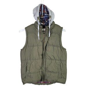 Mens Weatherproof Vintage Green Puffer Vest Plaid Lined Hood Full Zip & Button L